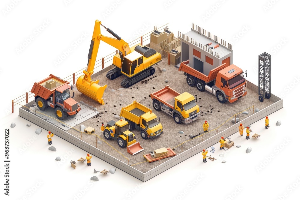 Poster A group of workers building and constructing something, can be used for architecture or construction projects