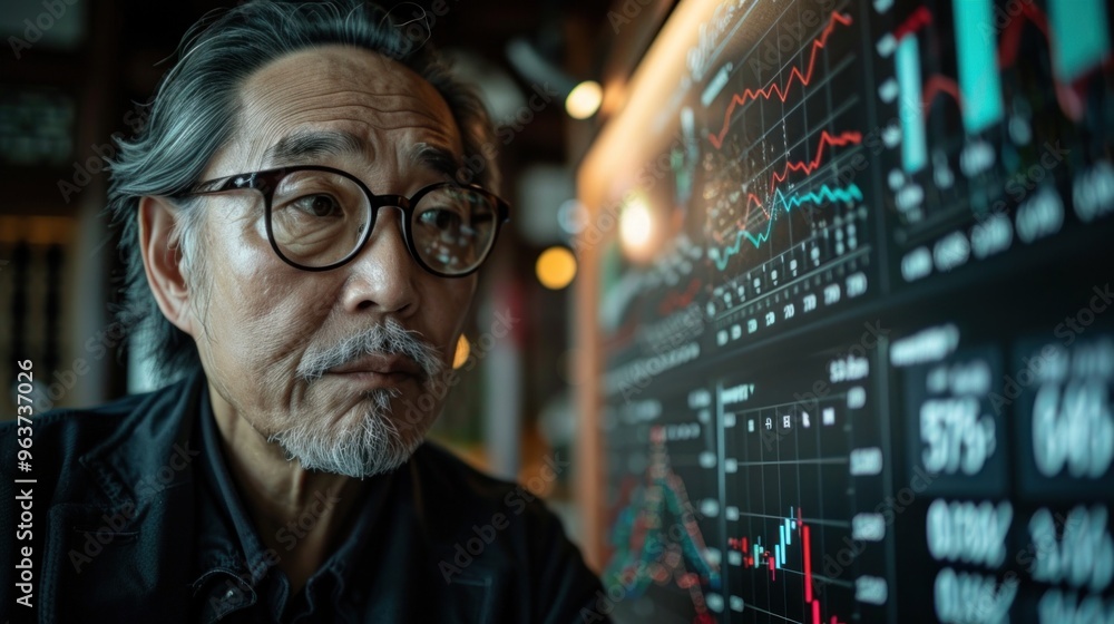Poster a man with glasses looking at a computer screen with a lot of numbers and graphs