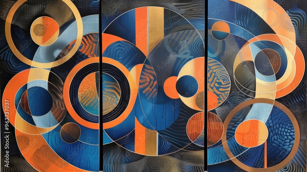 Poster a painting of geometric patterns made up of circles and stripes on a black background, perfect for u