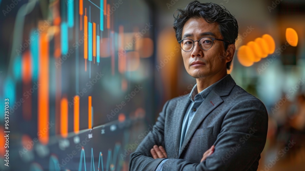 Poster a man in a suit stands in front of a large screen displaying financial data