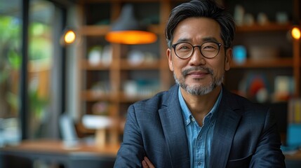 Fototapeta premium A man in a suit and glasses is smiling at the camera