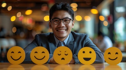 A man is smiling and holding up five different faces, including a happy one