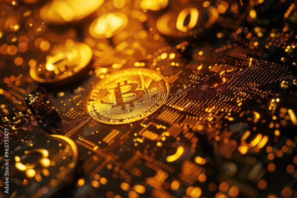 Poster a close-up shot of a bitcoin symbol displayed on a computer motherboard
