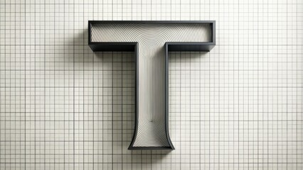 A modernist letter "T" built from sleek, curved lines and shapes in monochromatic shades of black and white, set against a crisp white background with subtle grid lines.