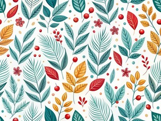 A bold, graphic design featuring stylized leaves and berries in a repeating pattern, set against a crisp white backdrop with clean lines and precise geometry.