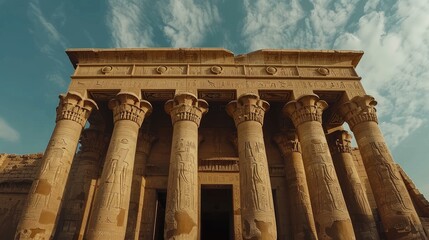 Naklejka premium Majestic Ancient Temple with Intricate Columns Against a Dramatic Sky