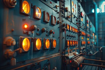 Control panel for a nuclear power plant with various indicators and controls