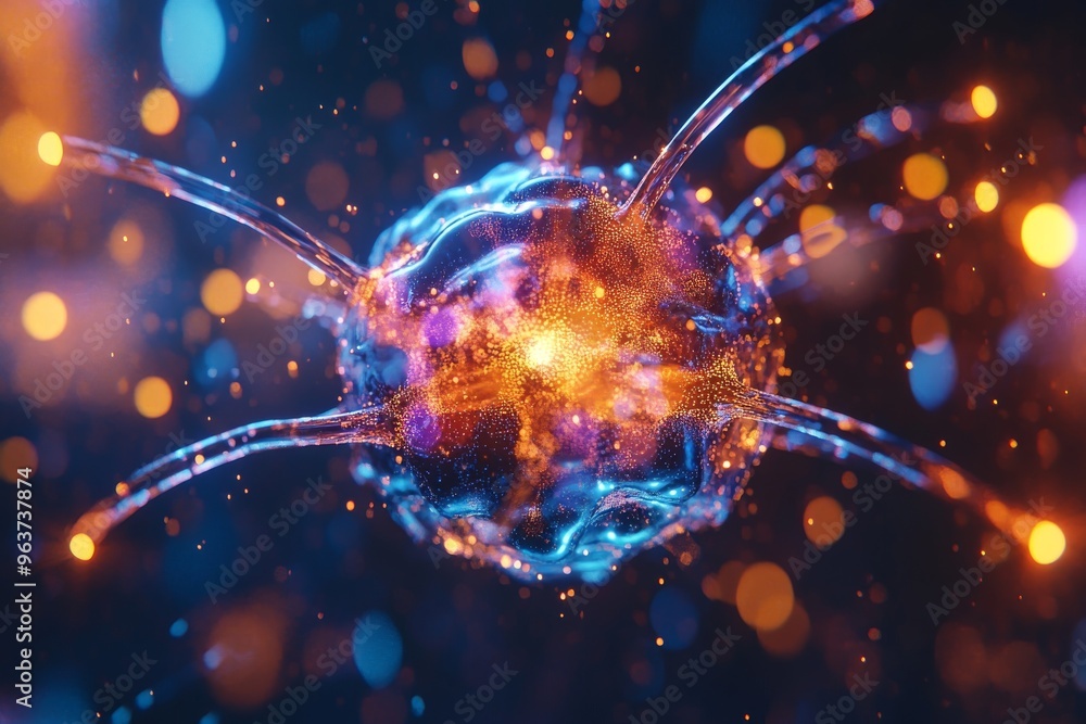 Poster neurological function neuronal agility close up of a neuron with glowing blue and orange nodes symbo