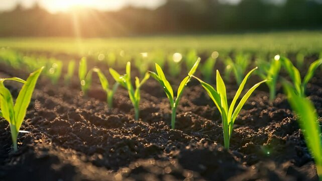 Young Green Seedlings Growing on a Farm at Sunset in Cinematic Light