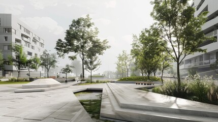 Obraz premium Serene Urban Park Surrounded by Modern Architecture with Lush Greenery