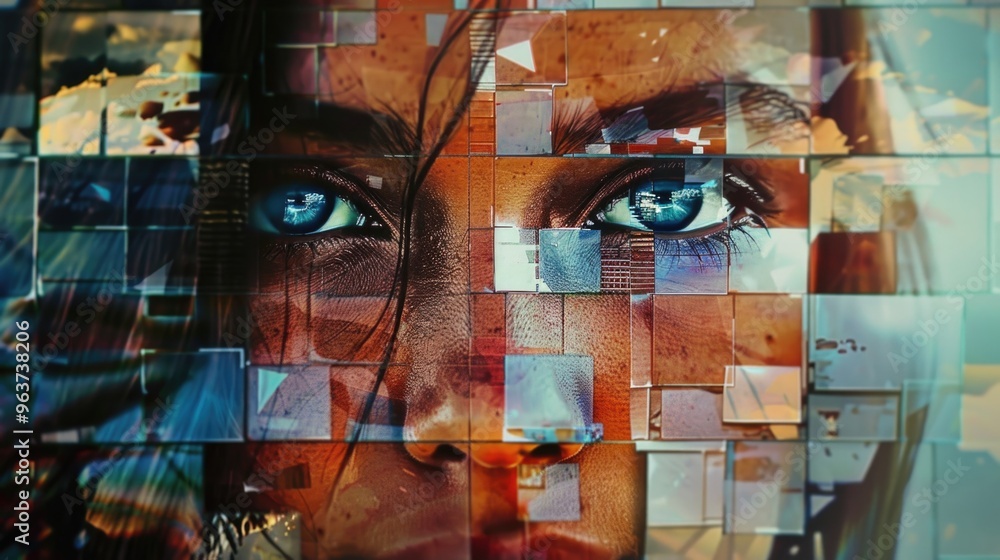 Poster a person's face with multiple squares filling the screen, ideal for use in illustrations or digital 