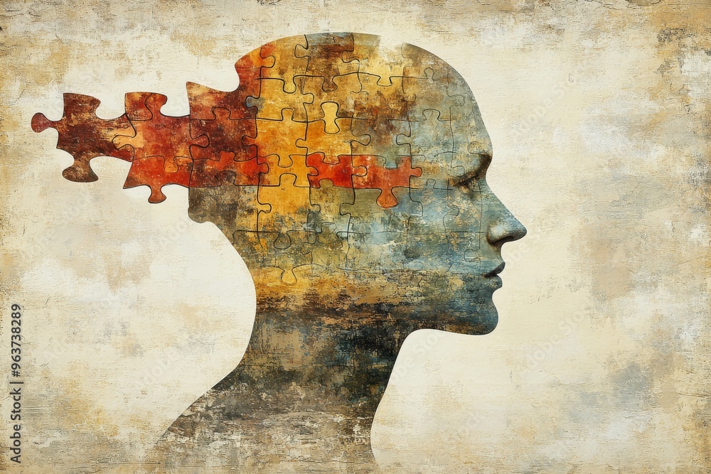 Poster brain region neuronal agility human head silhouette with a puzzle shaped hole symbolizing the comple