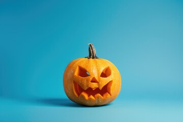 A carved pumpkin with a spooky face on a blue background, perfect for Halloween or autumnal decorations