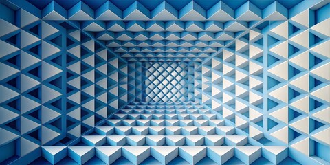 Naklejka premium Optical illusion of a 3D grid created by overlapping squares in a gradient of blues and whites, with a subtle shadow effect to enhance the sense of depth
