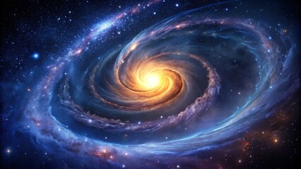 Spiral arms of a galaxy unfolding like a celestial rose, set against a deep indigo background with subtle, shimmering stars and precise, swirling lines.
