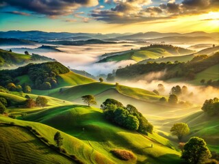 Obraz premium Surreal landscape of rolling hills and misty valleys with realistic grass and foliage textures, viewed from a bird's eye perspective