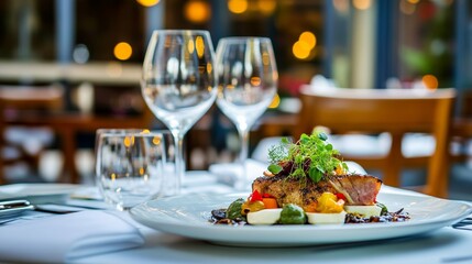 Fototapeta premium Beautifully Arranged Gourmet Dish on a Restaurant Table