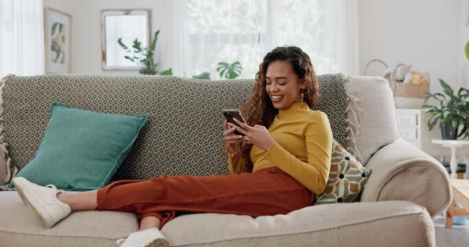 Woman, home and scroll on sofa with smartphone, communication and browse on social media or smile for post. Website, online conversation and news update with internet, apartment and typing to relax