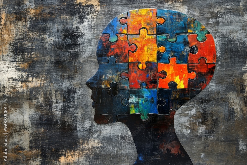 Poster neurogenesis mental agility human head with colorful puzzle pieces forming the brain symbolizing the