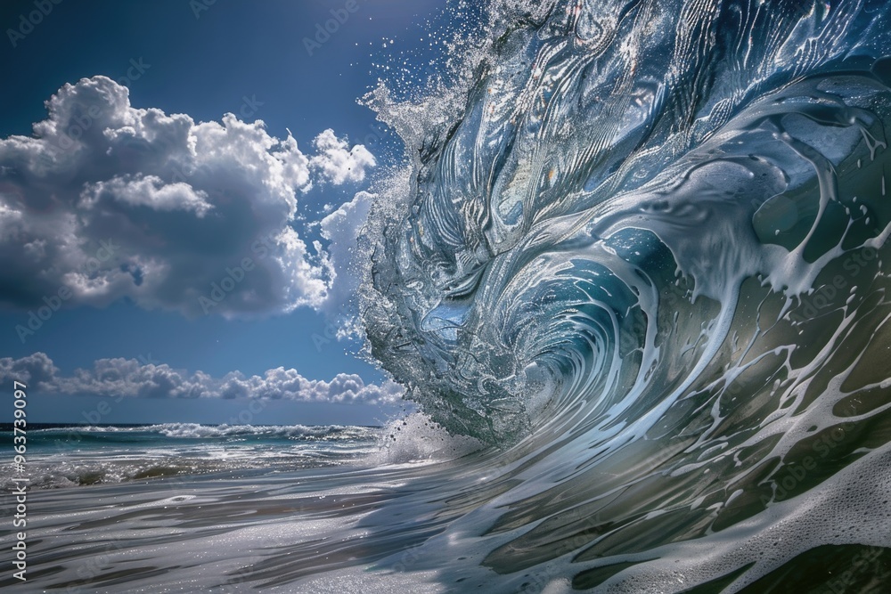 Wall mural a big wave crashes onto the beach on a bright and sunny day, with clear blue water and a rocky shore