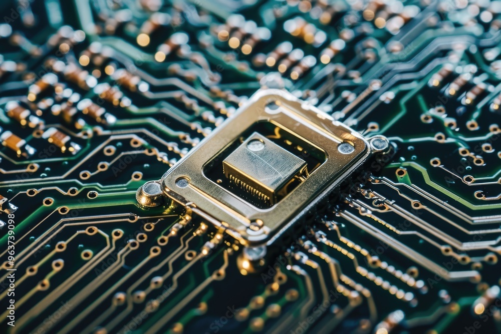 Poster a close-up view of a computer chip on a motherboard, useful for tech-related projects and presentati