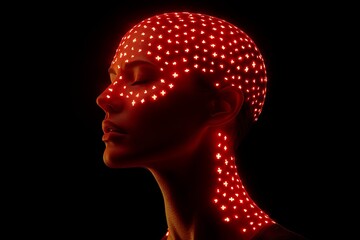 Prefrontal lobe Mental agility Profile of a woman with red glowing dots on her head symbolizing brain activity cognitive energy and neural connectivity
