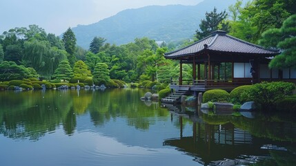 Tranquil Japanese Garden with Pavilion and Reflective Pond