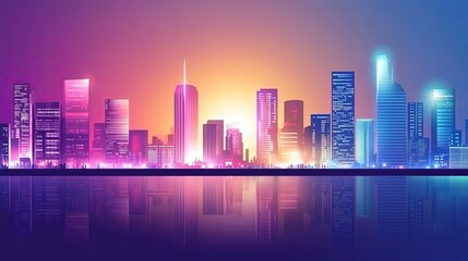 A breathtaking skyline of a futuristic city at dusk, featuring neon-lit high-rise buildings silhouetted against a vibrant gradient sky. 