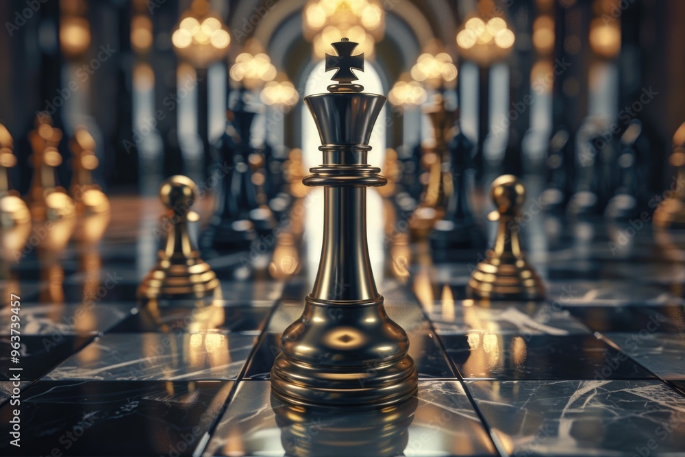 Poster a detailed view of a chessboard with multiple pieces placed strategically