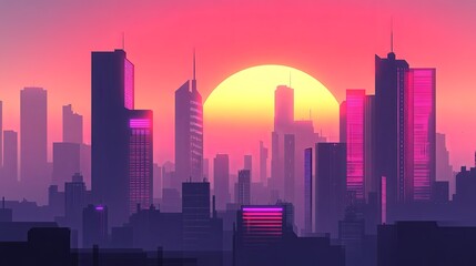 Fototapeta premium A breathtaking skyline of a futuristic city at dusk, featuring neon-lit high-rise buildings silhouetted against a vibrant gradient sky. 