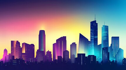 Fototapeta premium A breathtaking skyline of a futuristic city at dusk, featuring neon-lit high-rise buildings silhouetted against a vibrant gradient sky. 