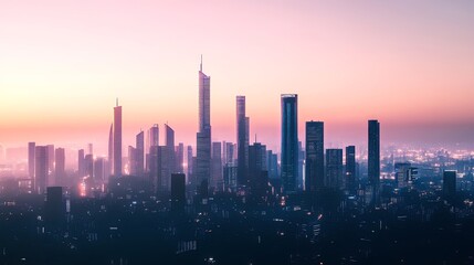 Fototapeta premium A breathtaking skyline of a futuristic city at dusk, featuring neon-lit high-rise buildings silhouetted against a vibrant gradient sky. 
