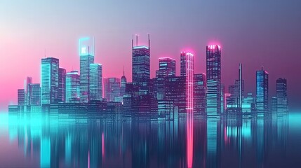 A breathtaking skyline of a futuristic city at dusk, featuring neon-lit high-rise buildings silhouetted against a vibrant gradient sky. 