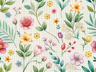 A stylized and modern pattern of spring flowers, featuring simple yet elegant illustrations of blooms and leaves, set against a clean and crisp white background with a subtle grid texture.