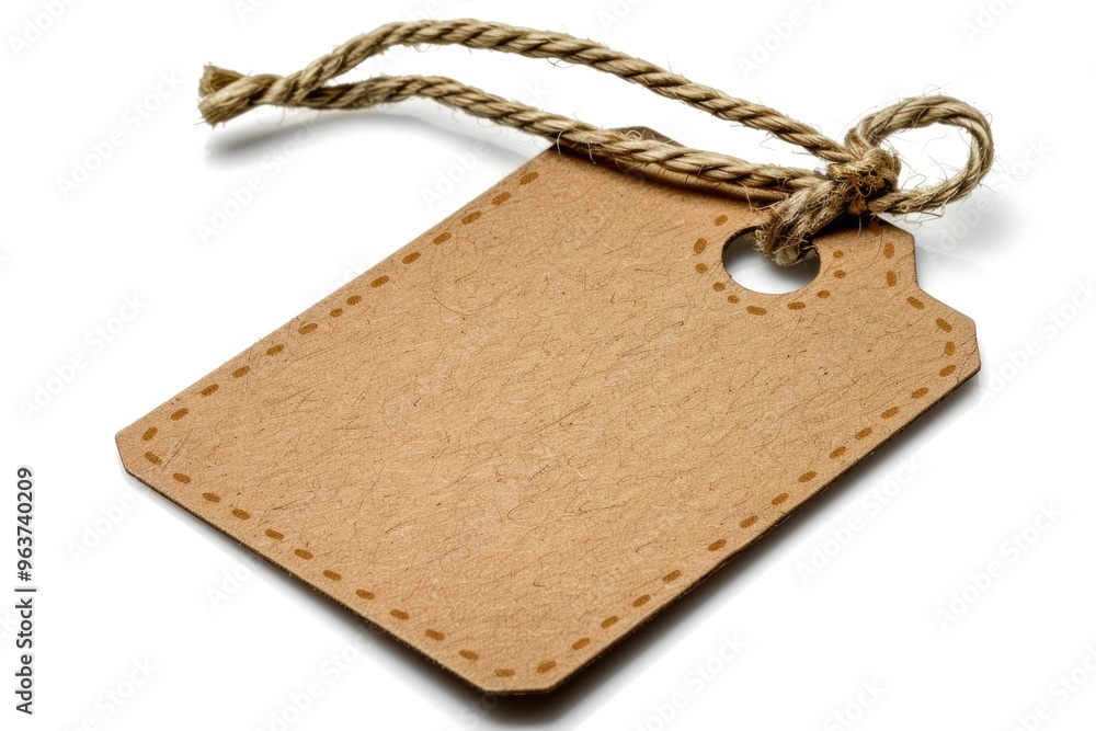Poster a close-up shot of a brown tag with a string wrapped around it, sitting on a plain white background