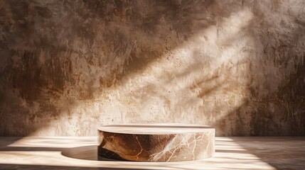 Stone podium with lights and shadows on brown background. Minimal backdrop for showcasing cosmetics in a wabi-sabi style.