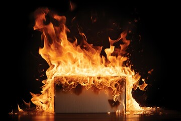 Burning cardboard box isolated on black background