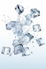 Falling ice cubes with water splashes on white background