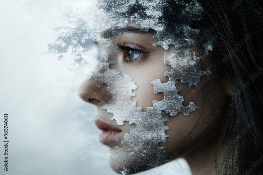 Poster subcortical structures cognitive agility woman’s face disintegrating into puzzle pieces symbolizing 