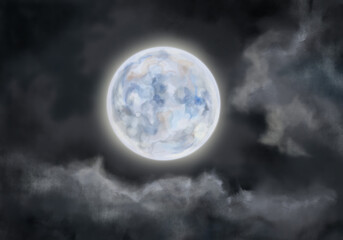 Fototapeta premium Blue moon in the night sky with clouds watercolor realistic illustration. Hand drawn Night sky with full blue moon in the clouds. Beautiful dreamy night sky background, banner, painting, wallpaper.