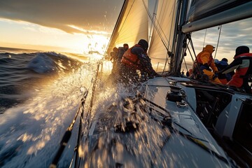 Dynamic Sailing at Sunset with Crew Battling High Seas and Waves