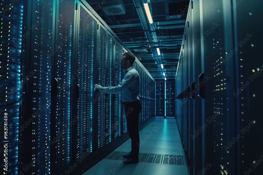 Poster a professional stands in a modern server room with rows of servers and computer equipment