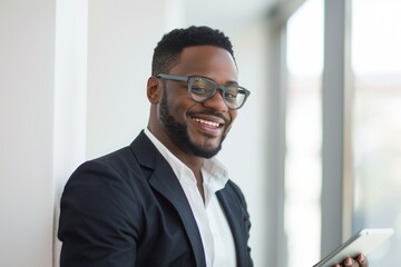 A person wearing glasses holds a tablet computer, suitable for technology-related illustrations or digital concepts