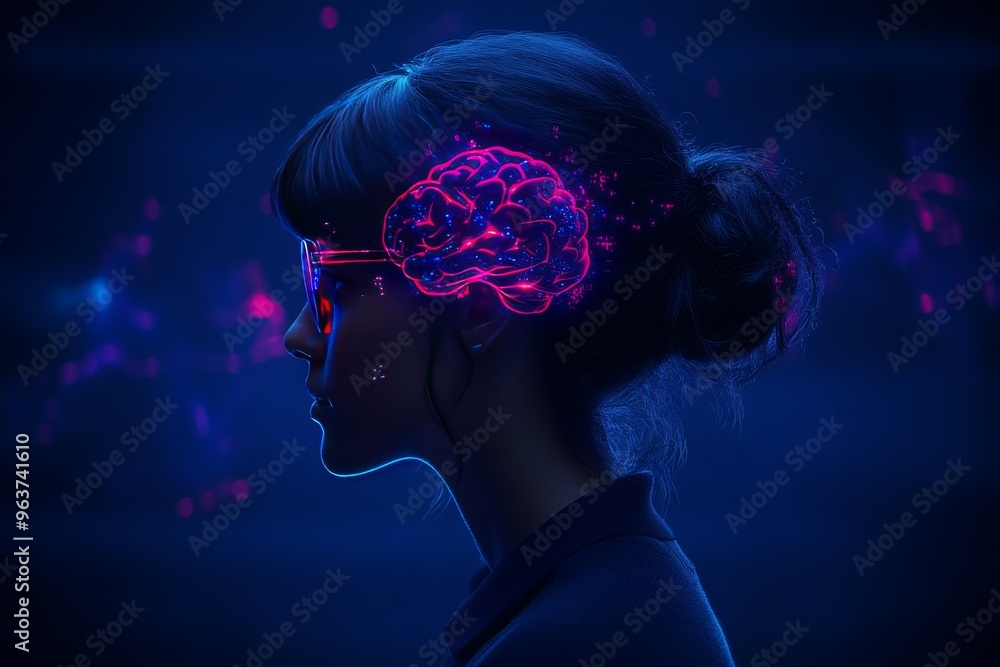Poster brain structure cognitive agility side profile of a woman with a glowing brain made of puzzle pieces
