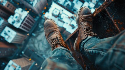 A pair of brown shoes perched on the edge of a building, possibly left behind or intentionally placed