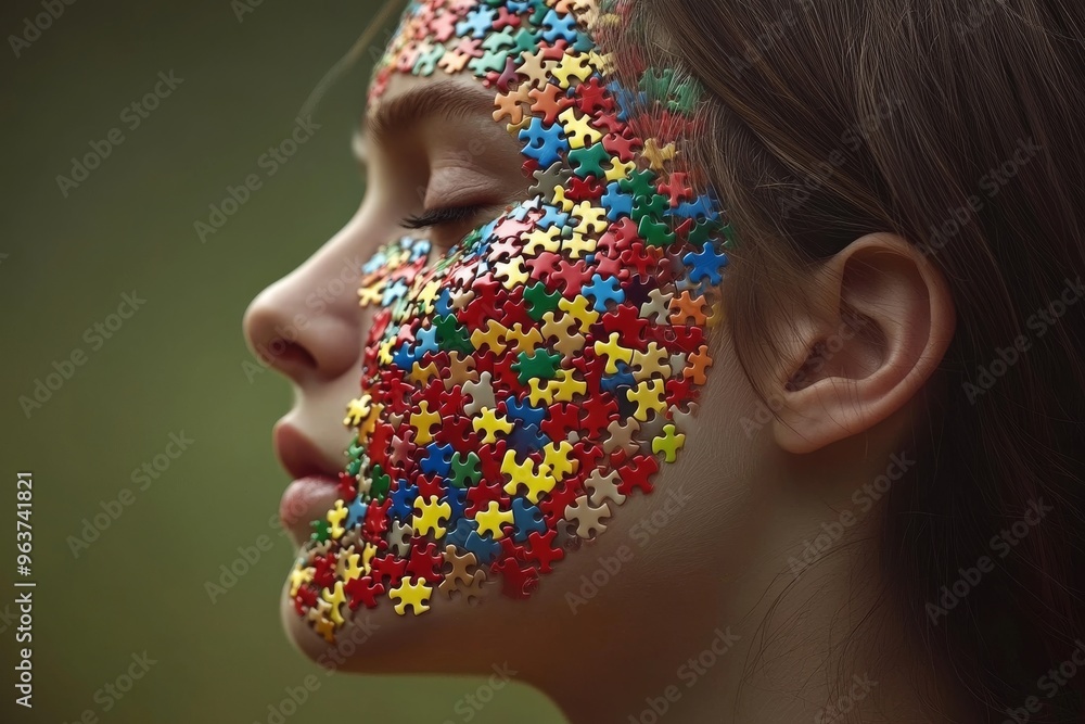Poster neuroglia cognitive agility woman with a face made of colorful puzzle pieces symbolizing the complex