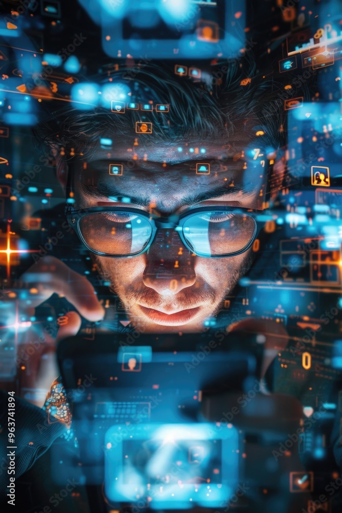 Poster a person studying something on a computer screen