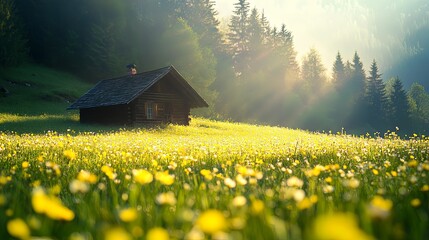  A serene springtime meadow with vibrant wildflowers blooming under the warm sunlight, featuring a cozy sunlit cabin nestled in the landscape. 