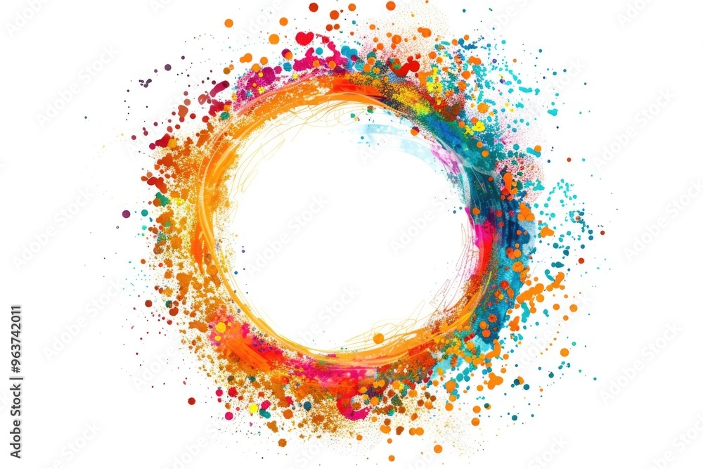 Poster a vibrant circular pattern created from colorful paint splatters on a white background