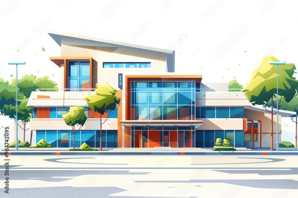 Poster a modern building surrounded by tall trees and numerous windows, ideal for use in architectural or e